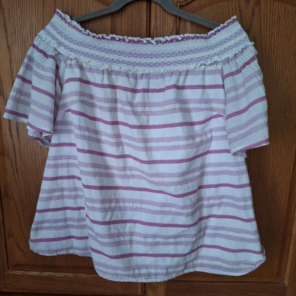 Lane Bryant Striped Smocked Off the Shoulder Top Size-10/12 - Picture 1 of 11
